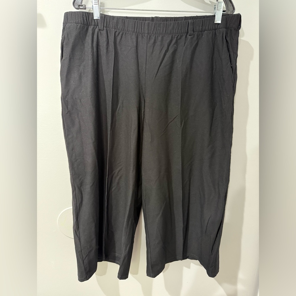 Eileen Fisher Elastic Waist Black Silk Cropped Crepe Wide Leg Pants‎ Size L U